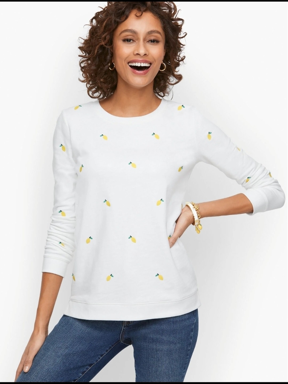 Talbots White Sweatshirt with Yellow Lemon Embroidery